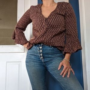 Lovestitch Leaf Print blouse with flared 3/4 sleeves